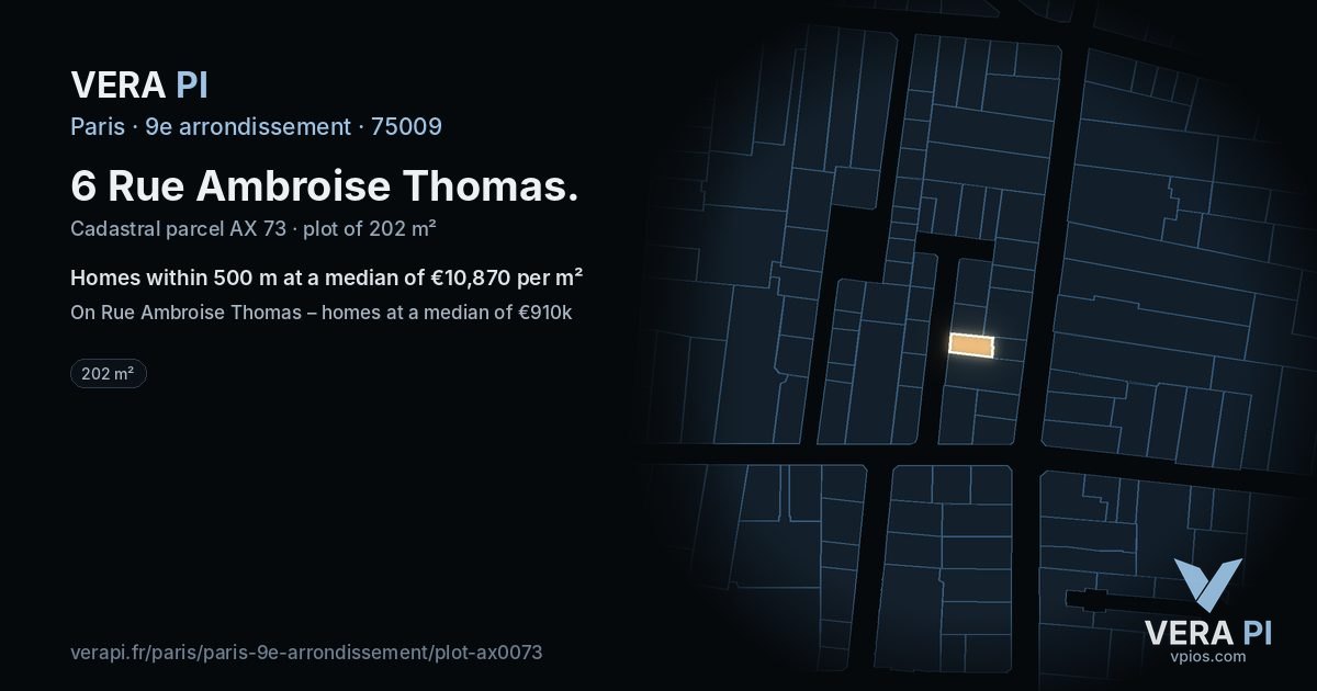 6 Rue Ambroise Thomas, 9e arrondissement at night – the plot lit, the parcels around coloured by the prices near them