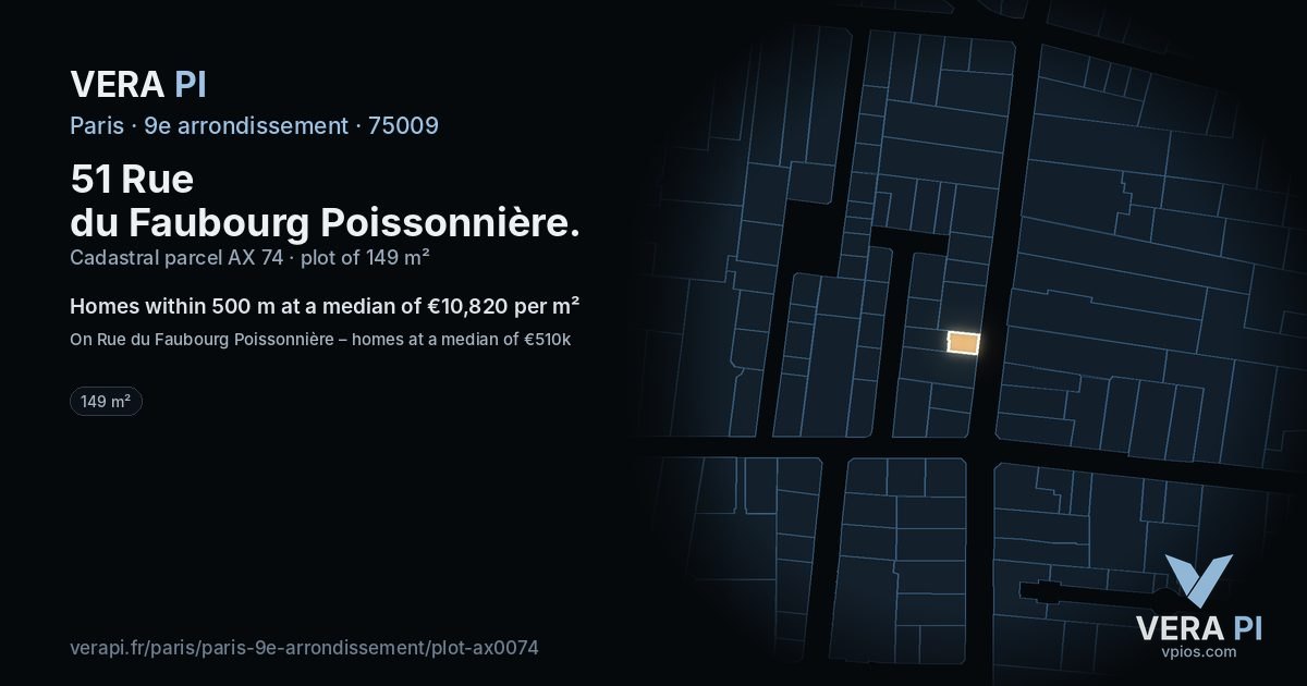51 Rue du Faubourg Poissonnière, 9e arrondissement at night – the plot lit, the parcels around coloured by the prices near them
