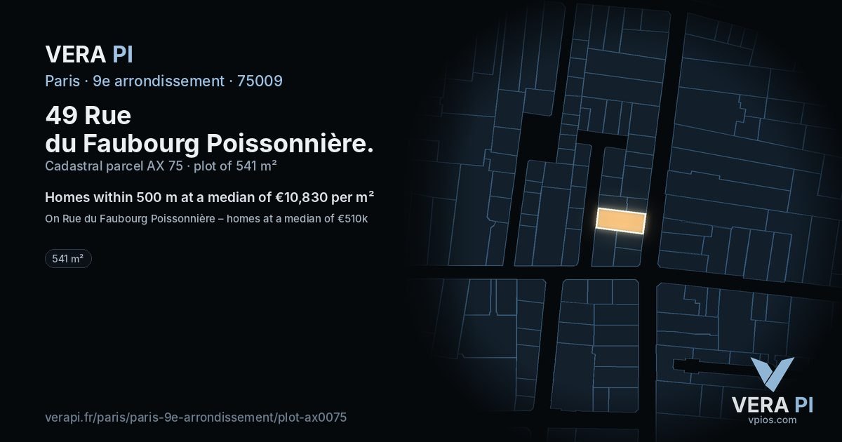 49 Rue du Faubourg Poissonnière, 9e arrondissement at night – the plot lit, the parcels around coloured by the prices near them