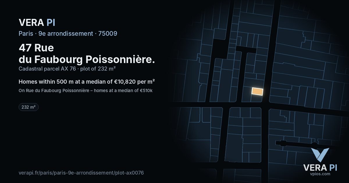 47 Rue du Faubourg Poissonnière, 9e arrondissement at night – the plot lit, the parcels around coloured by the prices near them