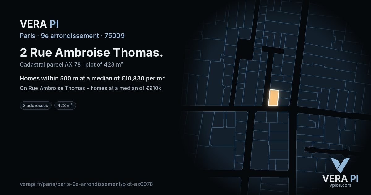 2 Rue Ambroise Thomas, 9e arrondissement at night – the plot lit, the parcels around coloured by the prices near them