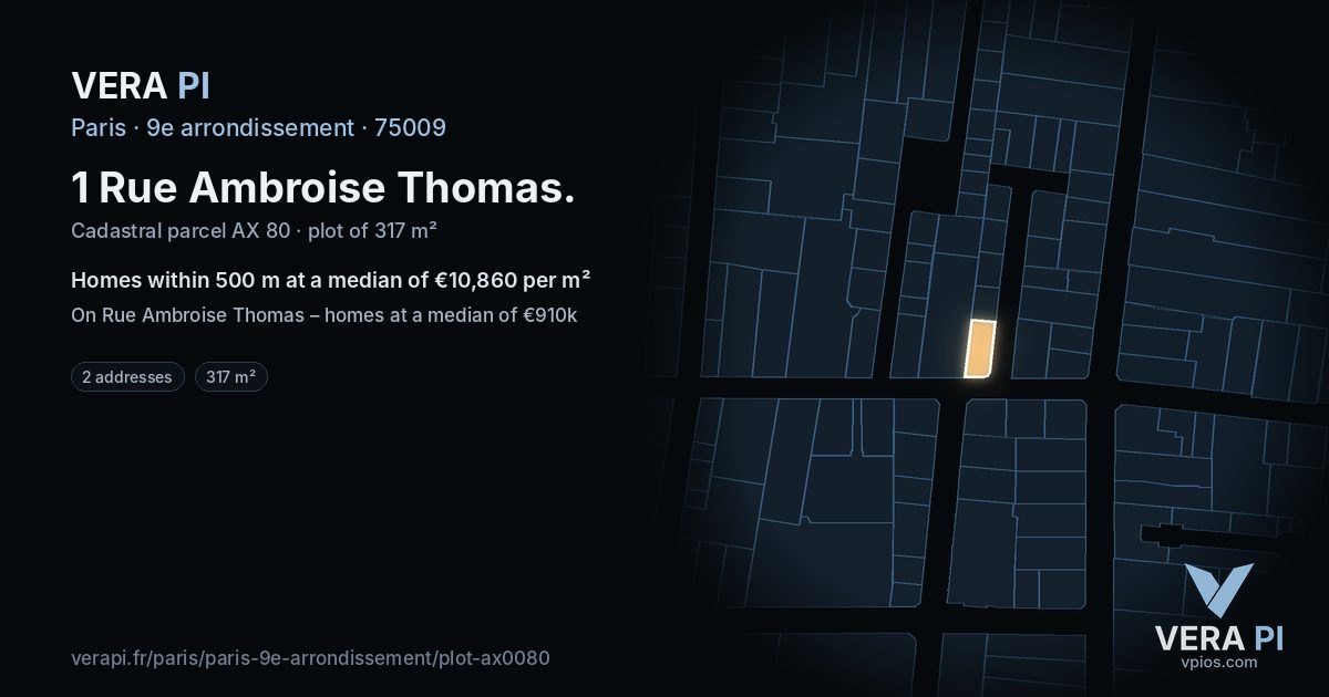 1 Rue Ambroise Thomas, 9e arrondissement at night – the plot lit, the parcels around coloured by the prices near them