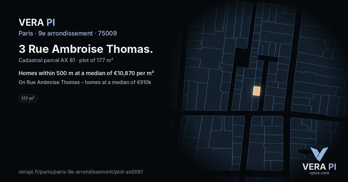 3 Rue Ambroise Thomas, 9e arrondissement at night – the plot lit, the parcels around coloured by the prices near them