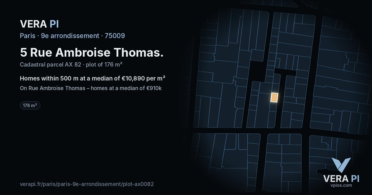 5 Rue Ambroise Thomas, 9e arrondissement at night – the plot lit, the parcels around coloured by the prices near them