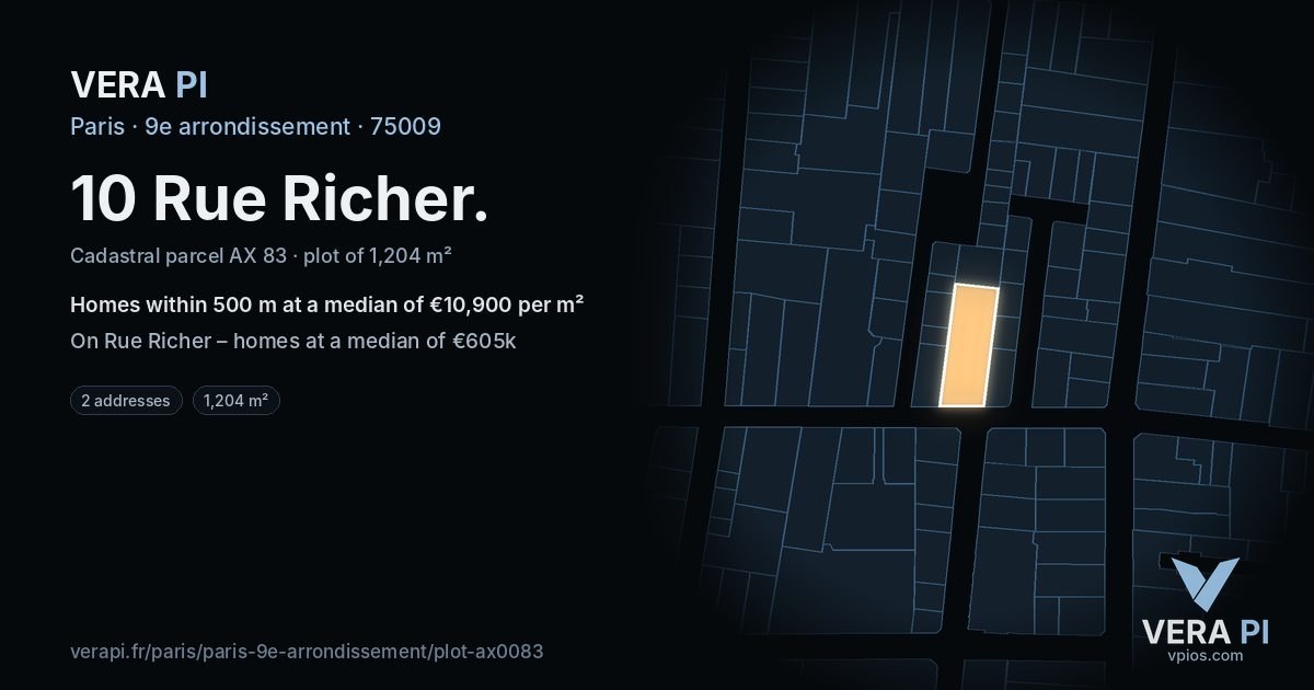 10 Rue Richer, 9e arrondissement at night – the plot lit, the parcels around coloured by the prices near them
