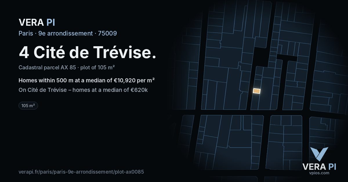 4 Cité de Trévise, 9e arrondissement at night – the plot lit, the parcels around coloured by the prices near them