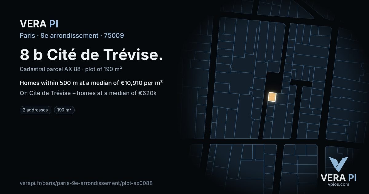 8 b Cité de Trévise, 9e arrondissement at night – the plot lit, the parcels around coloured by the prices near them