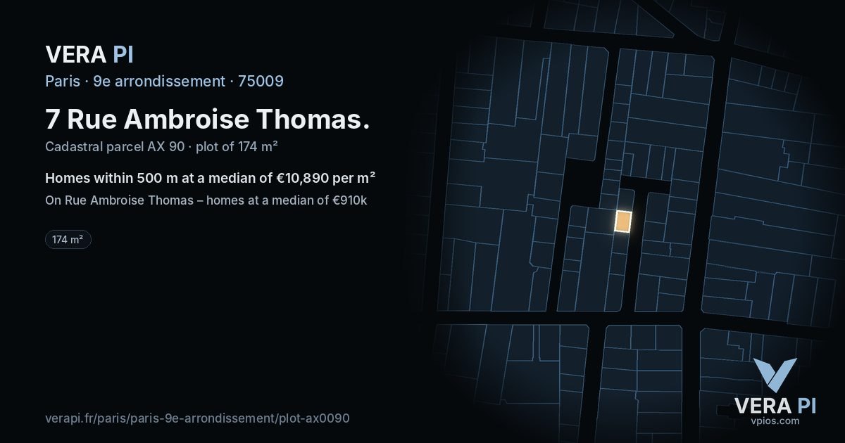 7 Rue Ambroise Thomas, 9e arrondissement at night – the plot lit, the parcels around coloured by the prices near them