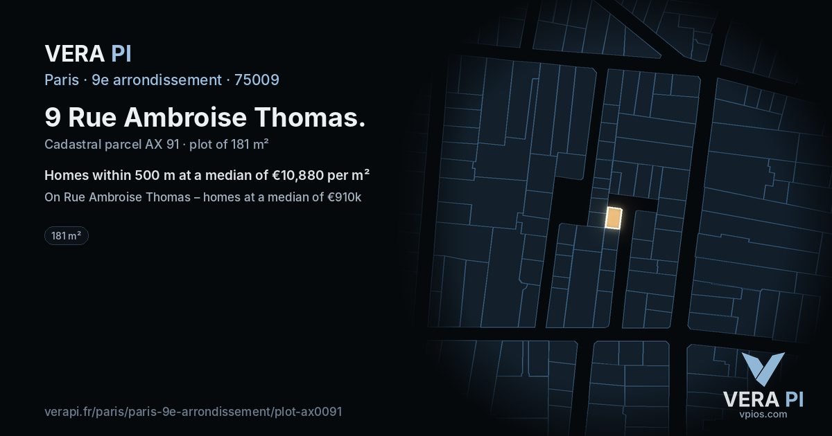 9 Rue Ambroise Thomas, 9e arrondissement at night – the plot lit, the parcels around coloured by the prices near them