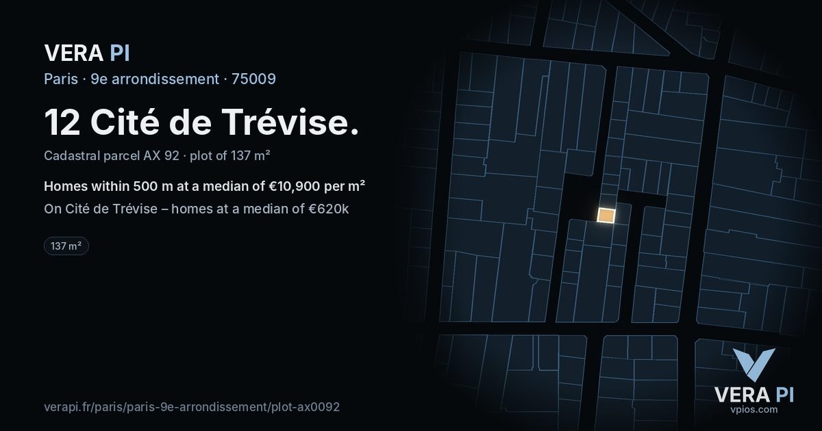 12 Cité de Trévise, 9e arrondissement at night – the plot lit, the parcels around coloured by the prices near them