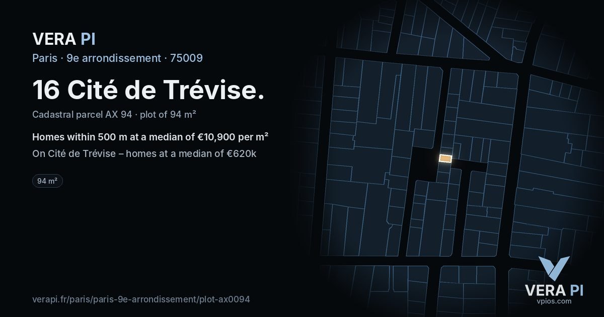 16 Cité de Trévise, 9e arrondissement at night – the plot lit, the parcels around coloured by the prices near them