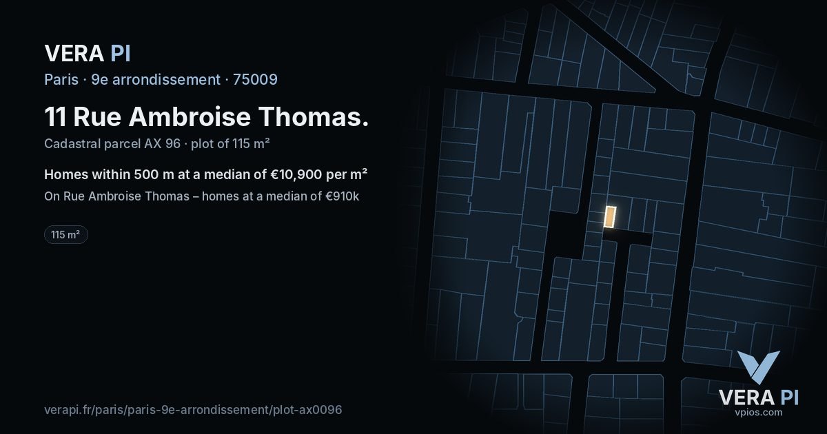 11 Rue Ambroise Thomas, 9e arrondissement at night – the plot lit, the parcels around coloured by the prices near them