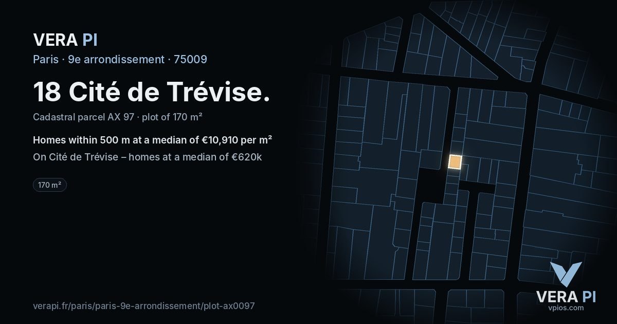 18 Cité de Trévise, 9e arrondissement at night – the plot lit, the parcels around coloured by the prices near them