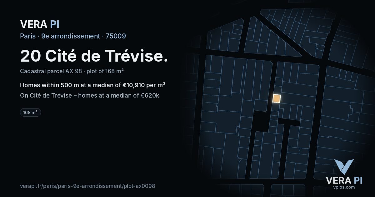 20 Cité de Trévise, 9e arrondissement at night – the plot lit, the parcels around coloured by the prices near them