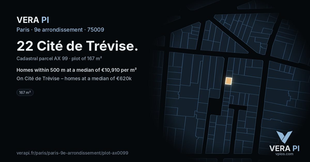 22 Cité de Trévise, 9e arrondissement at night – the plot lit, the parcels around coloured by the prices near them