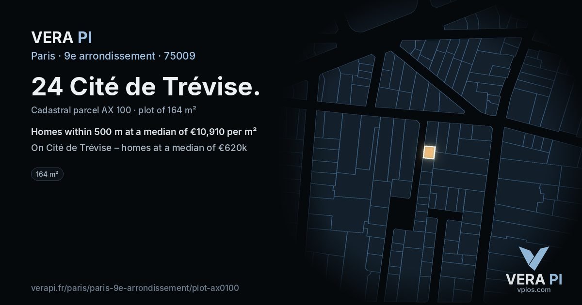 24 Cité de Trévise, 9e arrondissement at night – the plot lit, the parcels around coloured by the prices near them
