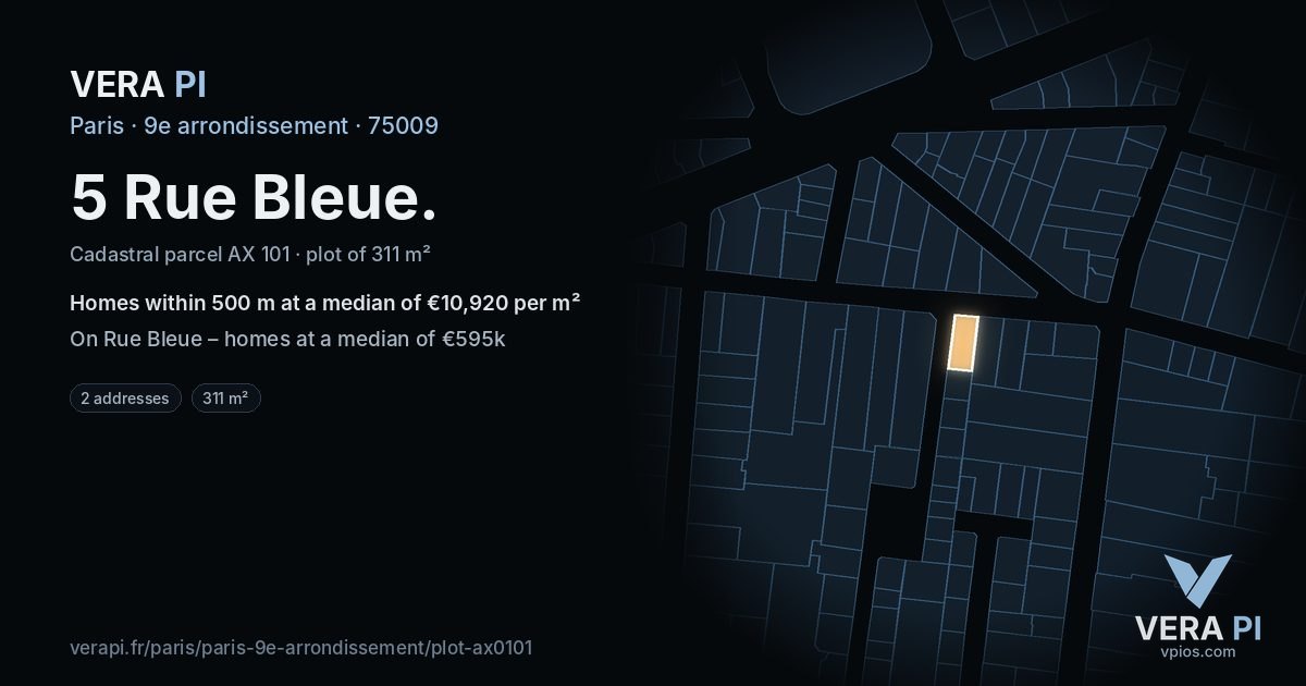5 Rue Bleue, 9e arrondissement at night – the plot lit, the parcels around coloured by the prices near them