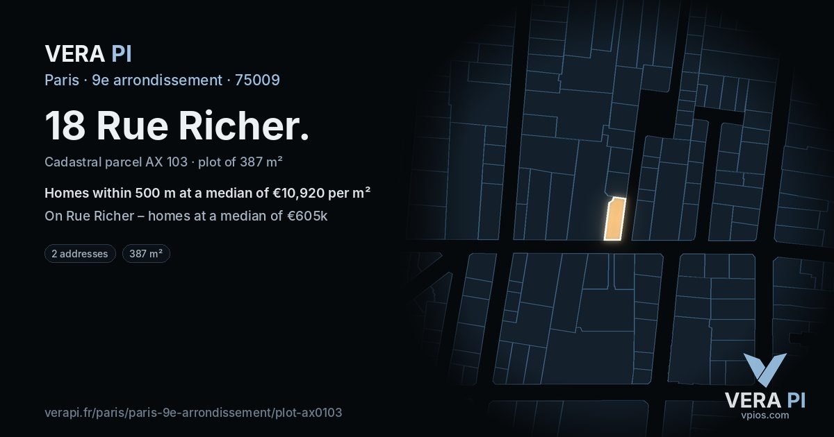 18 Rue Richer, 9e arrondissement at night – the plot lit, the parcels around coloured by the prices near them