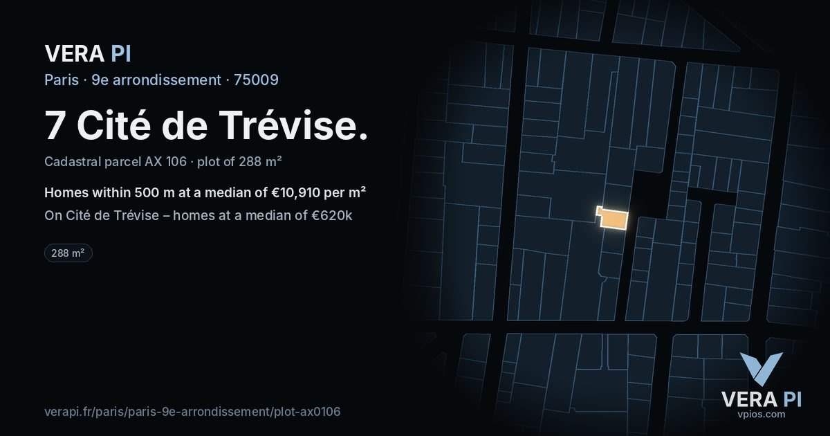 7 Cité de Trévise, 9e arrondissement at night – the plot lit, the parcels around coloured by the prices near them