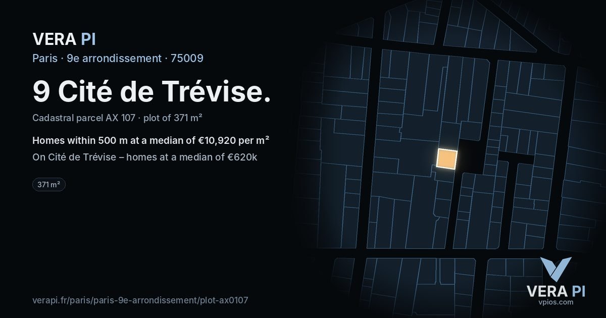 9 Cité de Trévise, 9e arrondissement at night – the plot lit, the parcels around coloured by the prices near them