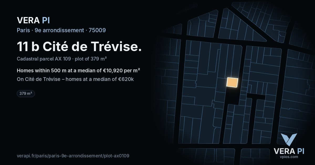 11 b Cité de Trévise, 9e arrondissement at night – the plot lit, the parcels around coloured by the prices near them