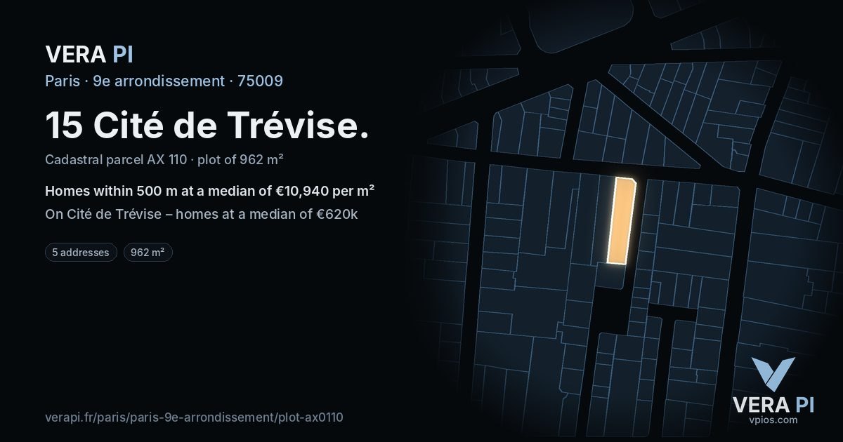 15 Cité de Trévise, 9e arrondissement at night – the plot lit, the parcels around coloured by the prices near them