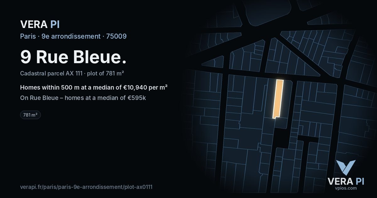 9 Rue Bleue, 9e arrondissement at night – the plot lit, the parcels around coloured by the prices near them