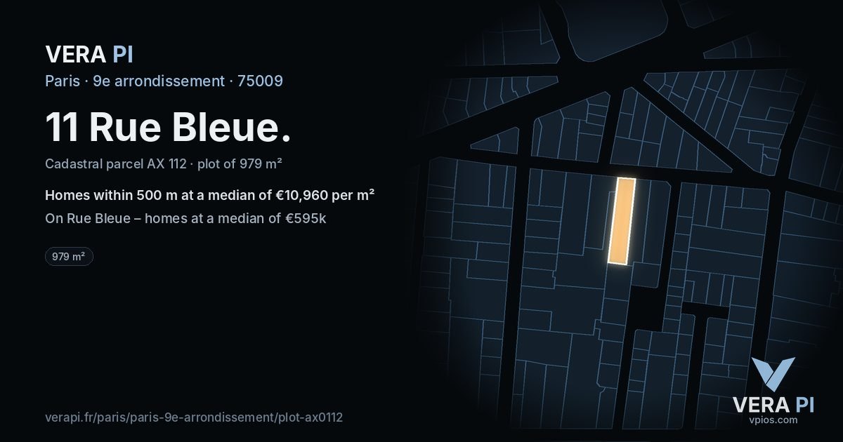 11 Rue Bleue, 9e arrondissement at night – the plot lit, the parcels around coloured by the prices near them