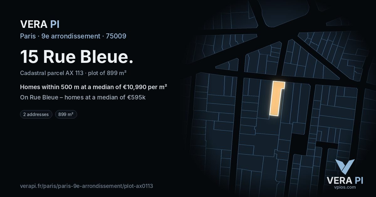 15 Rue Bleue, 9e arrondissement at night – the plot lit, the parcels around coloured by the prices near them