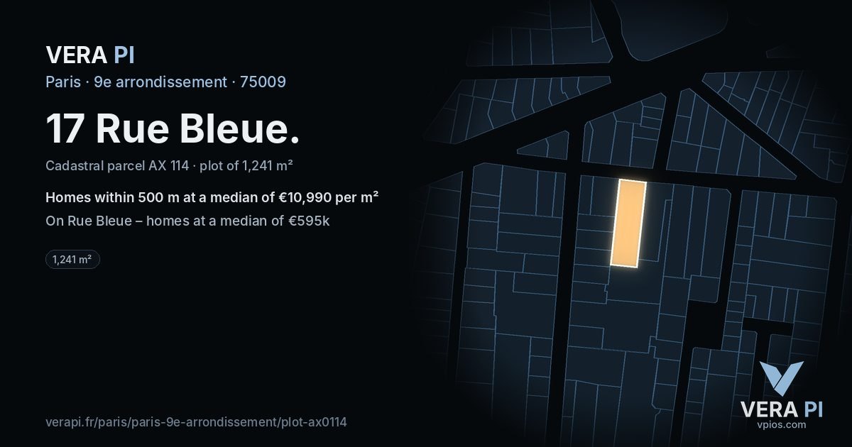 17 Rue Bleue, 9e arrondissement at night – the plot lit, the parcels around coloured by the prices near them