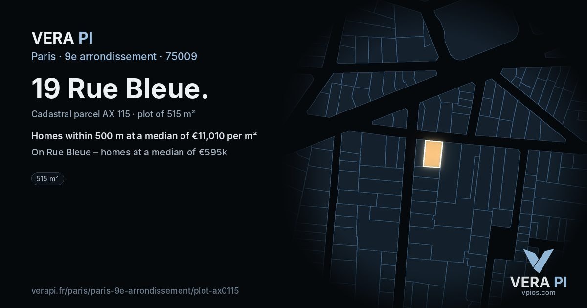 19 Rue Bleue, 9e arrondissement at night – the plot lit, the parcels around coloured by the prices near them