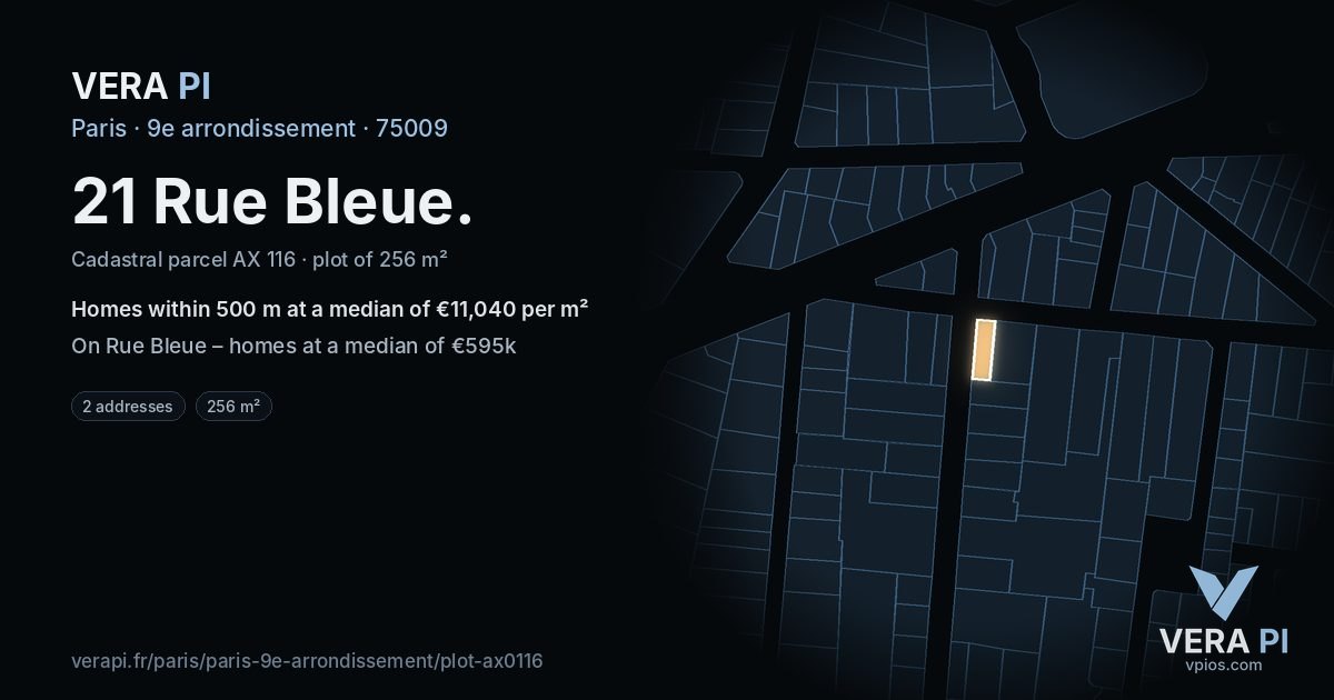 21 Rue Bleue, 9e arrondissement at night – the plot lit, the parcels around coloured by the prices near them