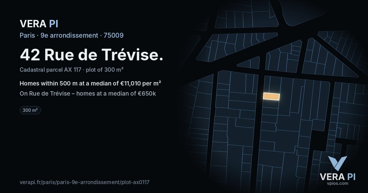 42 Rue de Trévise, 9e arrondissement at night – the plot lit, the parcels around coloured by the prices near them