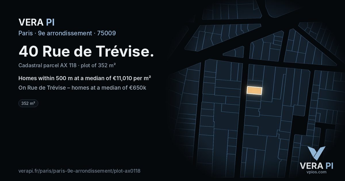 40 Rue de Trévise, 9e arrondissement at night – the plot lit, the parcels around coloured by the prices near them