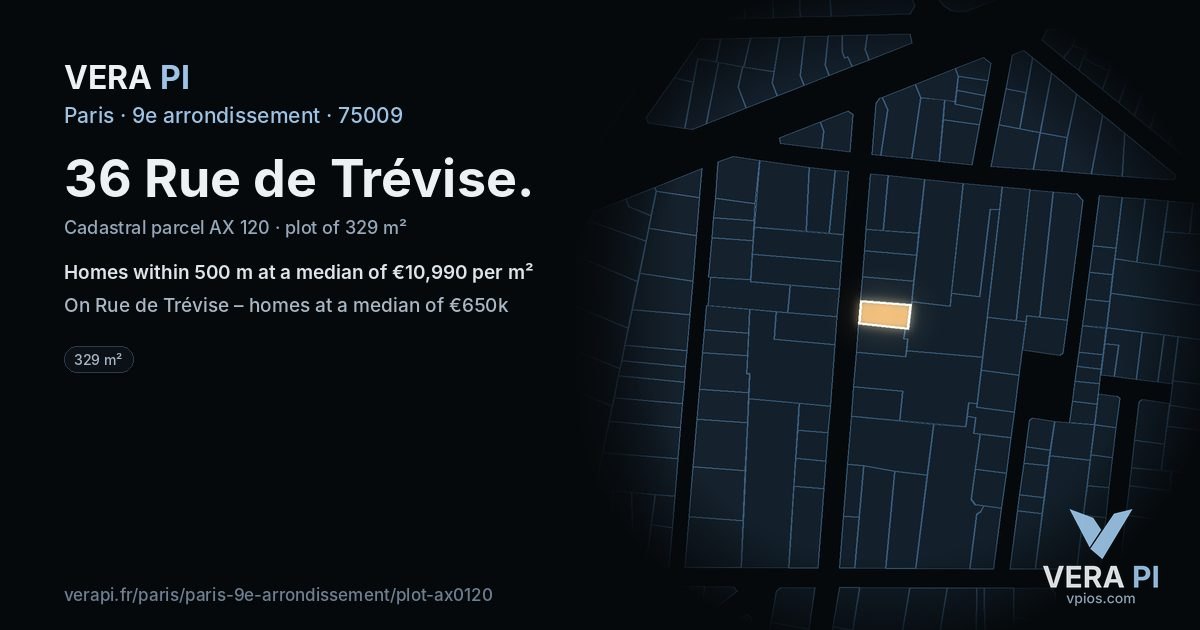 36 Rue de Trévise, 9e arrondissement at night – the plot lit, the parcels around coloured by the prices near them