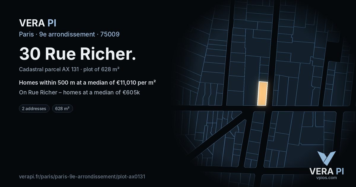 30 Rue Richer, 9e arrondissement at night – the plot lit, the parcels around coloured by the prices near them