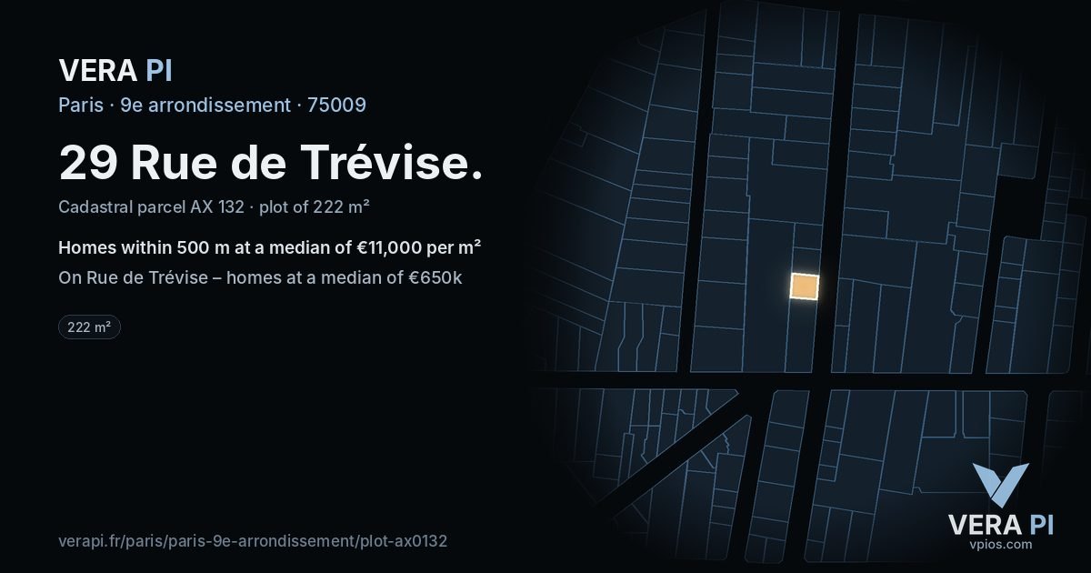 29 Rue de Trévise, 9e arrondissement at night – the plot lit, the parcels around coloured by the prices near them