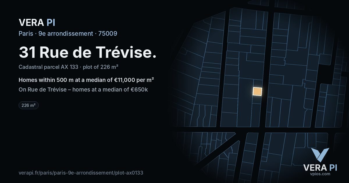 31 Rue de Trévise, 9e arrondissement at night – the plot lit, the parcels around coloured by the prices near them