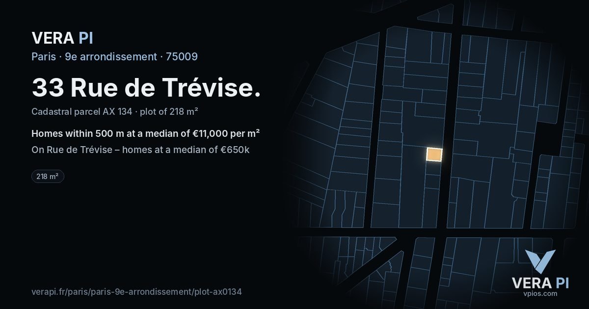33 Rue de Trévise, 9e arrondissement at night – the plot lit, the parcels around coloured by the prices near them