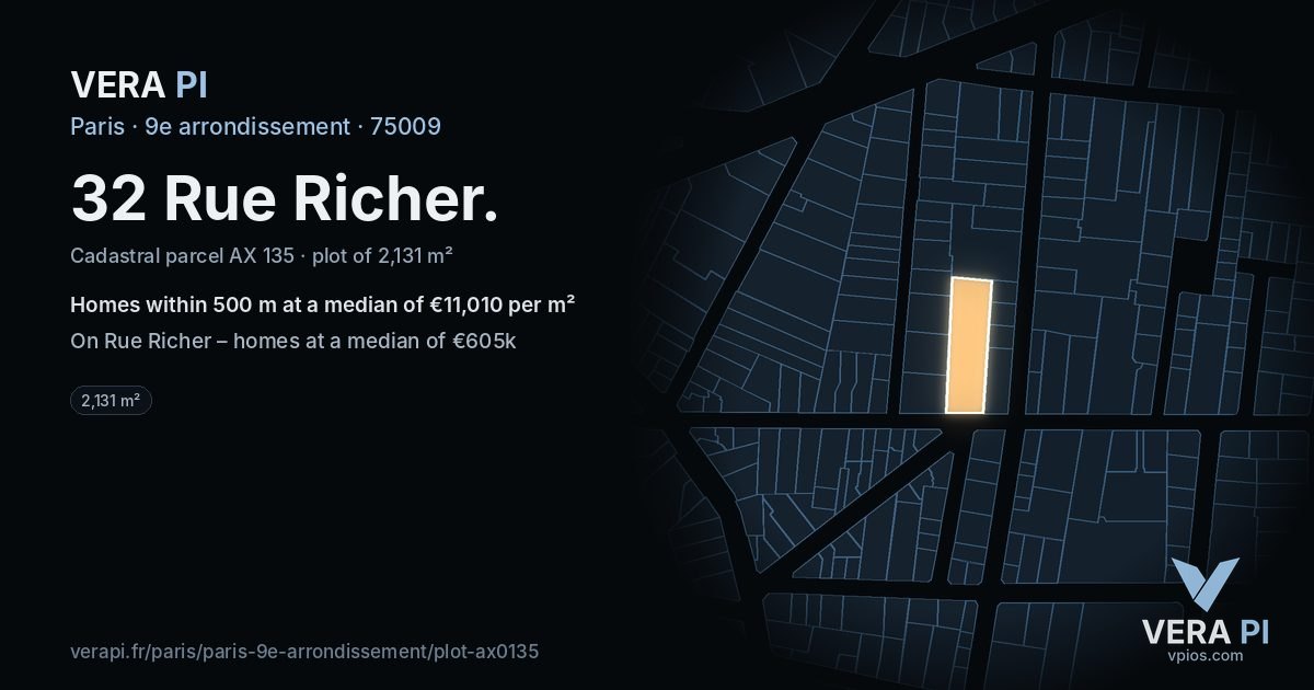 32 Rue Richer, 9e arrondissement at night – the plot lit, the parcels around coloured by the prices near them