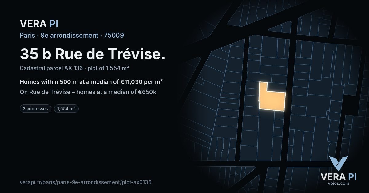 35 b Rue de Trévise, 9e arrondissement at night – the plot lit, the parcels around coloured by the prices near them