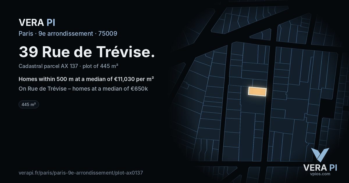 39 Rue de Trévise, 9e arrondissement at night – the plot lit, the parcels around coloured by the prices near them