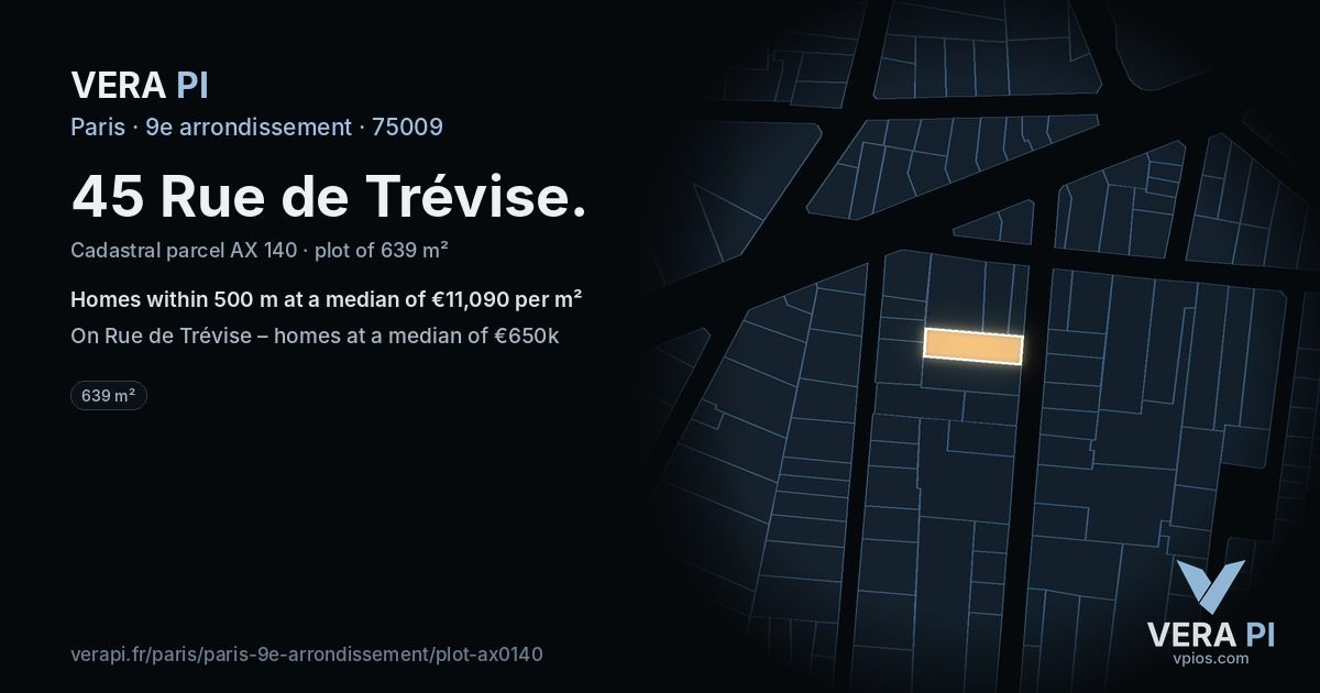 45 Rue de Trévise, 9e arrondissement at night – the plot lit, the parcels around coloured by the prices near them