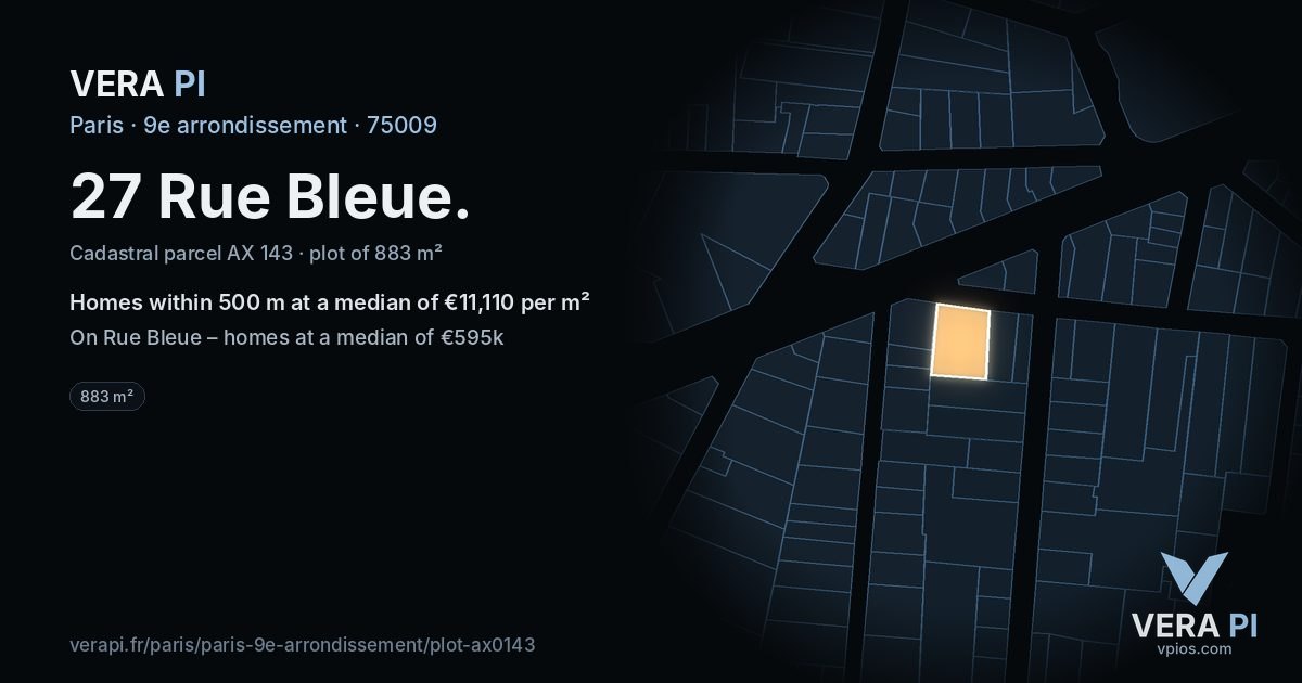 27 Rue Bleue, 9e arrondissement at night – the plot lit, the parcels around coloured by the prices near them