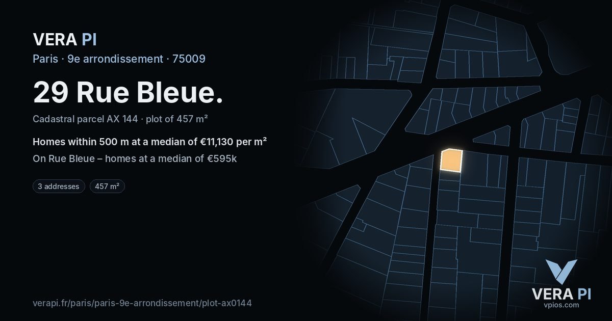 29 Rue Bleue, 9e arrondissement at night – the plot lit, the parcels around coloured by the prices near them