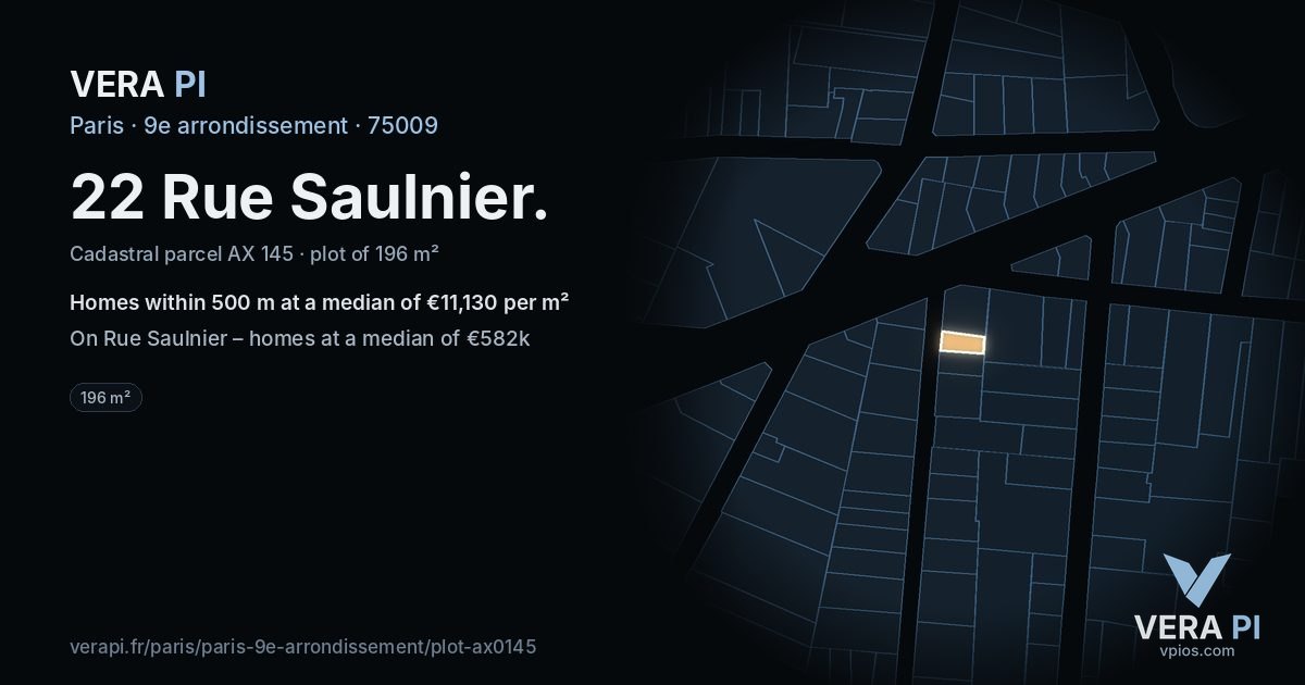 22 Rue Saulnier, 9e arrondissement at night – the plot lit, the parcels around coloured by the prices near them