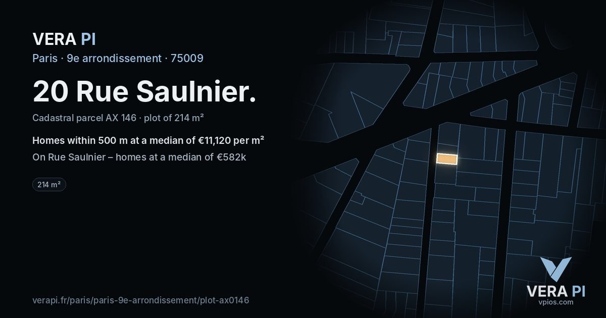 20 Rue Saulnier, 9e arrondissement at night – the plot lit, the parcels around coloured by the prices near them