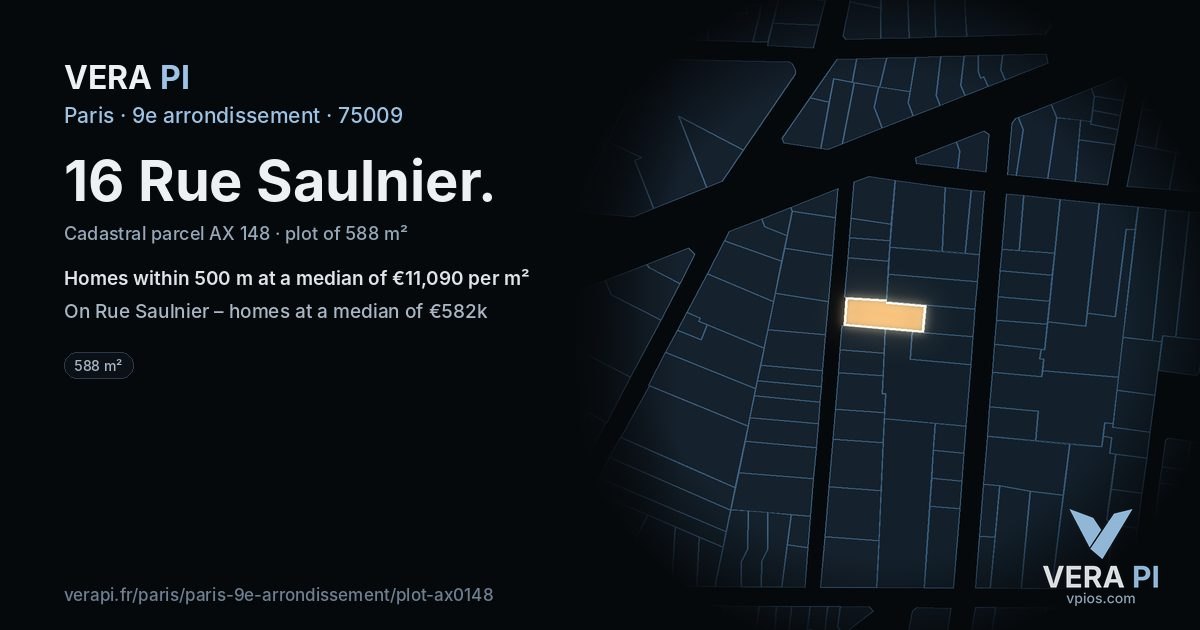 16 Rue Saulnier, 9e arrondissement at night – the plot lit, the parcels around coloured by the prices near them