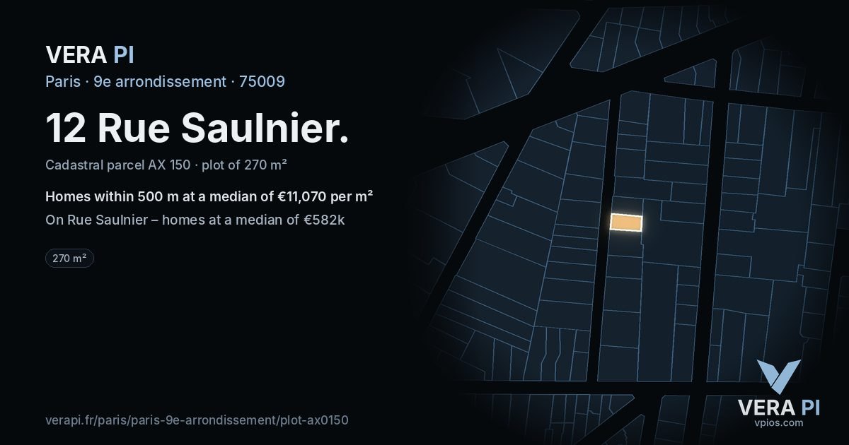 12 Rue Saulnier, 9e arrondissement at night – the plot lit, the parcels around coloured by the prices near them