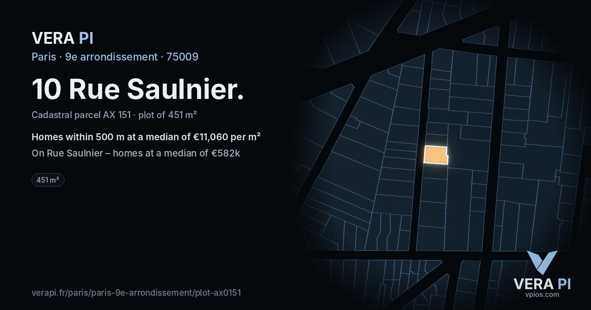 10 Rue Saulnier, 9e arrondissement at night – the plot lit, the parcels around coloured by the prices near them